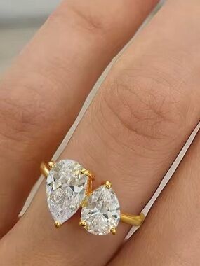 NEW Toi et Moi (You and Me) Double Pear CZ Open Ring in Yellow Gold